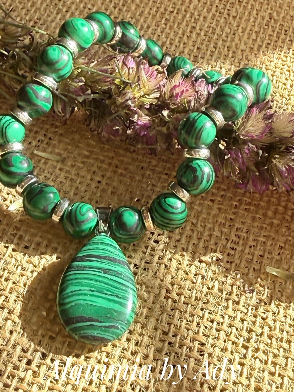 Malachite beaded silver STATEMENT BOHO Bracelet